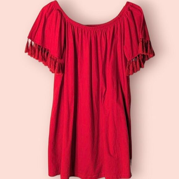 ASOS Cotton Red Tassel Trimmed Gathered Strapless Sundress Size 10 12 14 M L - Picture 1 of 8